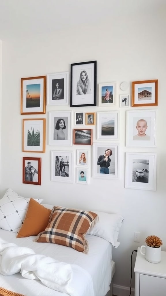 A gallery wall featuring various framed photos and art pieces in a dorm room.