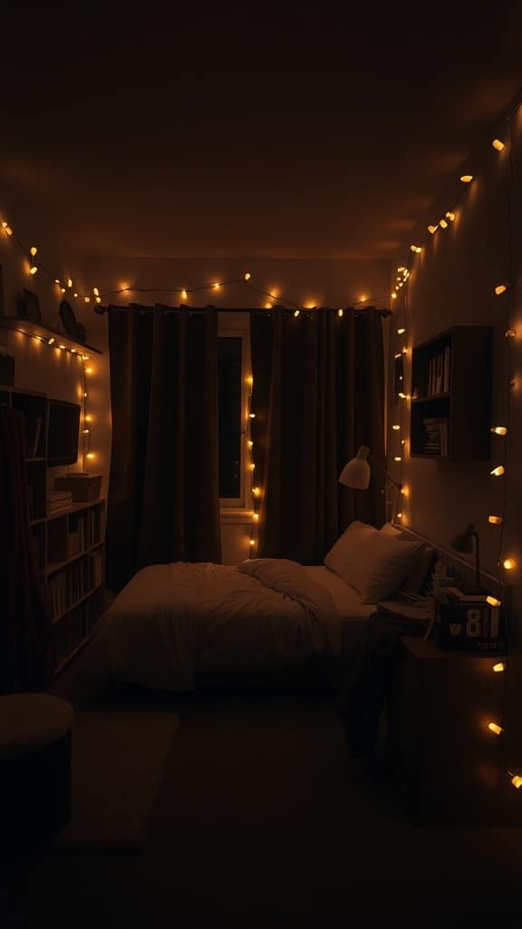 A dark dorm room illuminated with warm fairy lights, creating a cozy atmosphere.