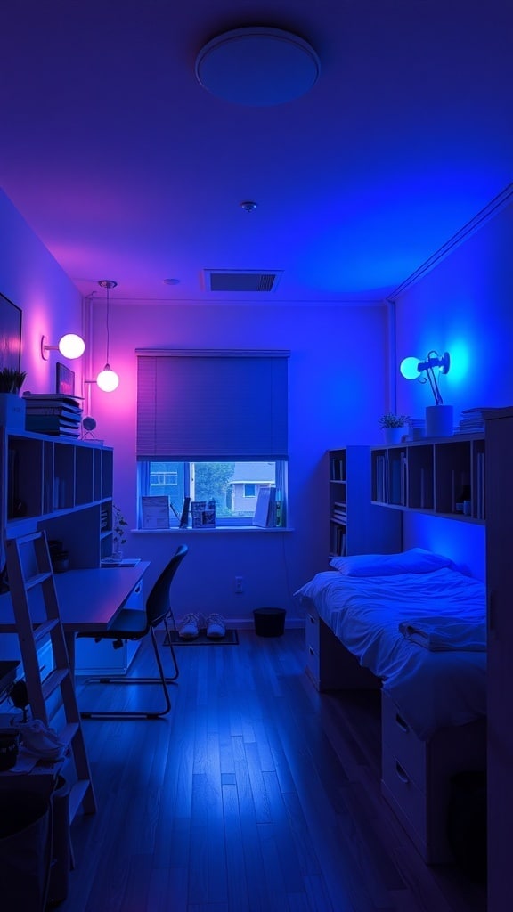 A dorm room with indigo and pink lighting, featuring a desk, bed, and shelves.
