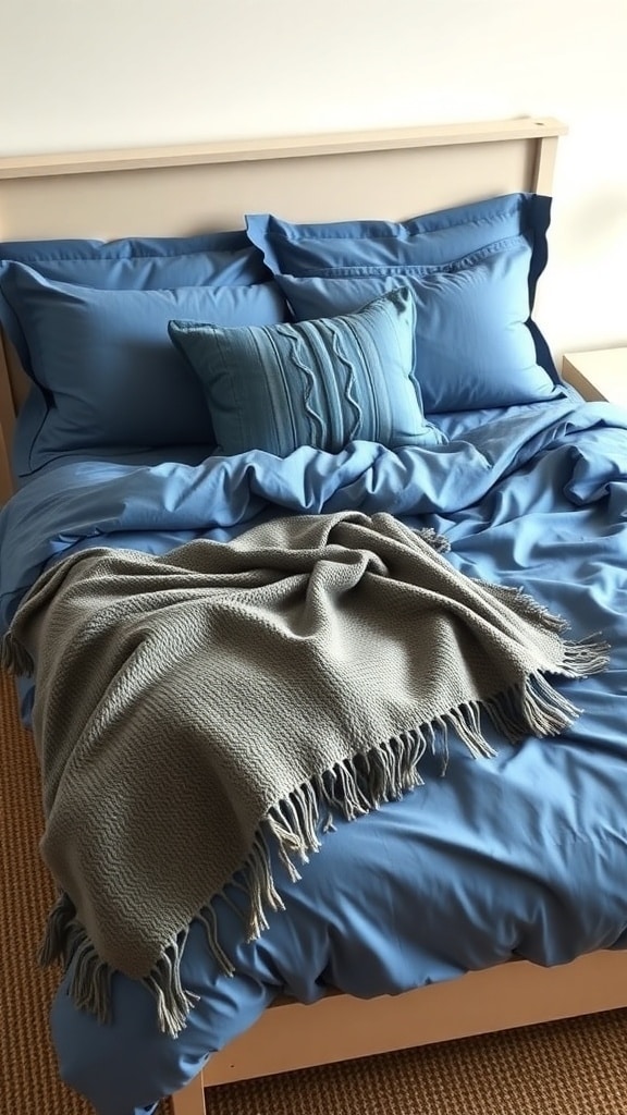 Cozy slate blue bedding with a gray throw blanket