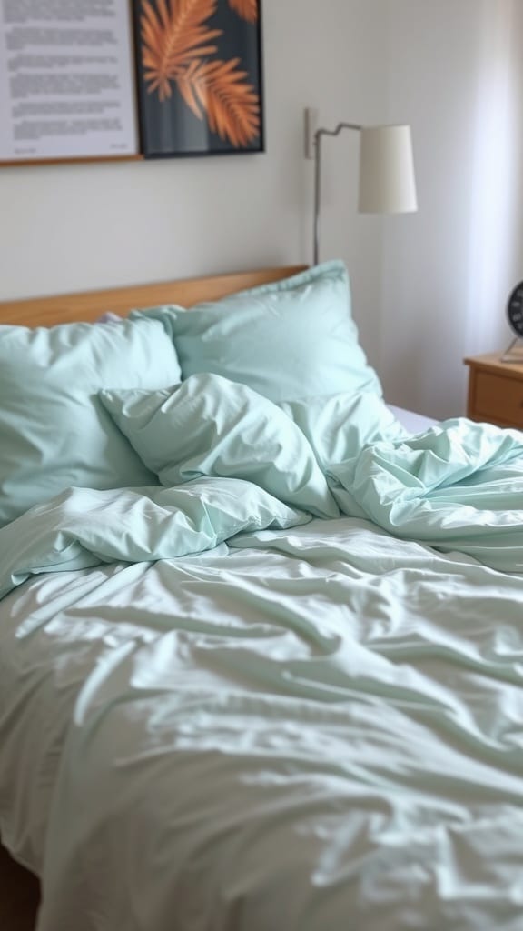A cozy bed with soft mint bedding, featuring fluffy pillows and a crumpled duvet.
