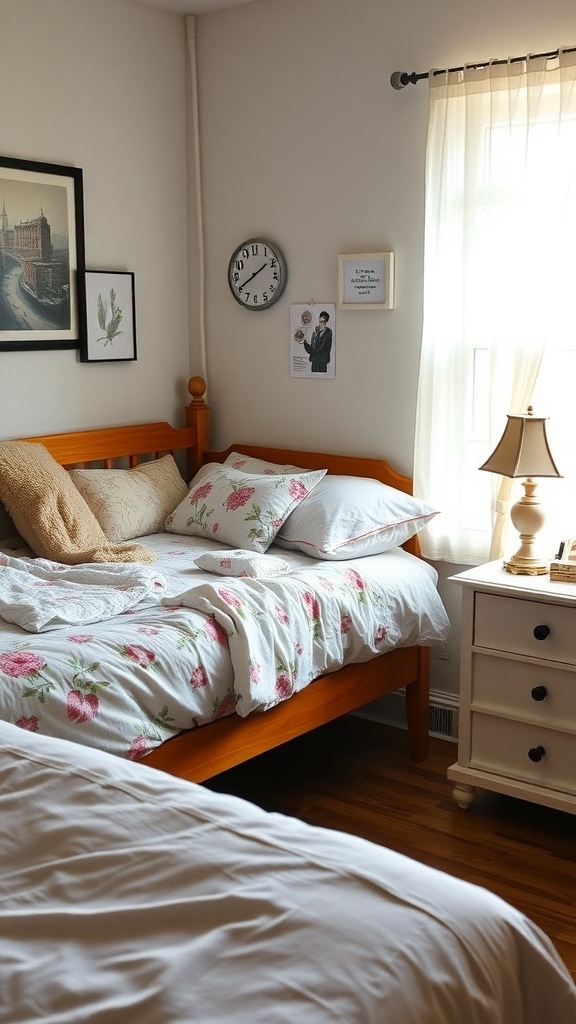 Cozy dorm room with floral bedding set, wooden bed frame, and soft natural light.