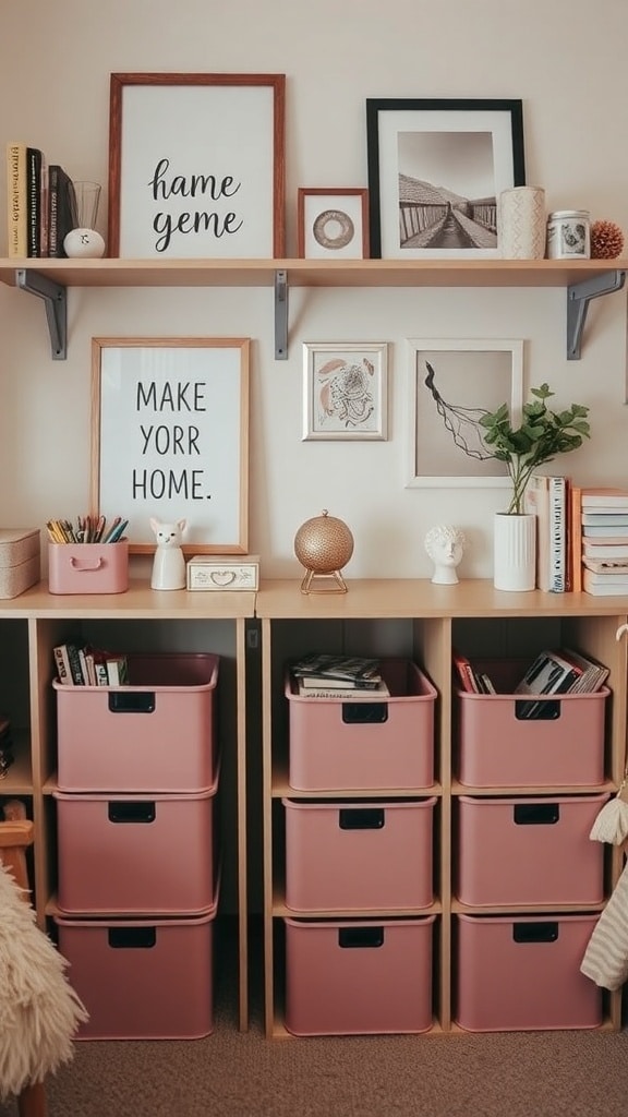 A stylish dorm room storage solution featuring blush pink bins and decorative shelves.