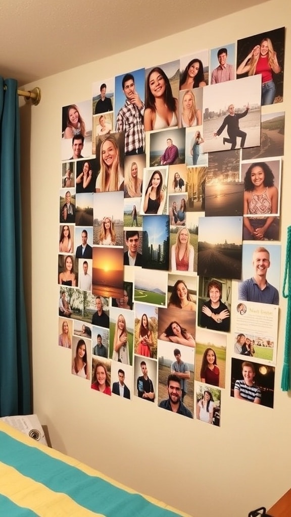 A wall covered with a collage of various personal photos in a dorm room.