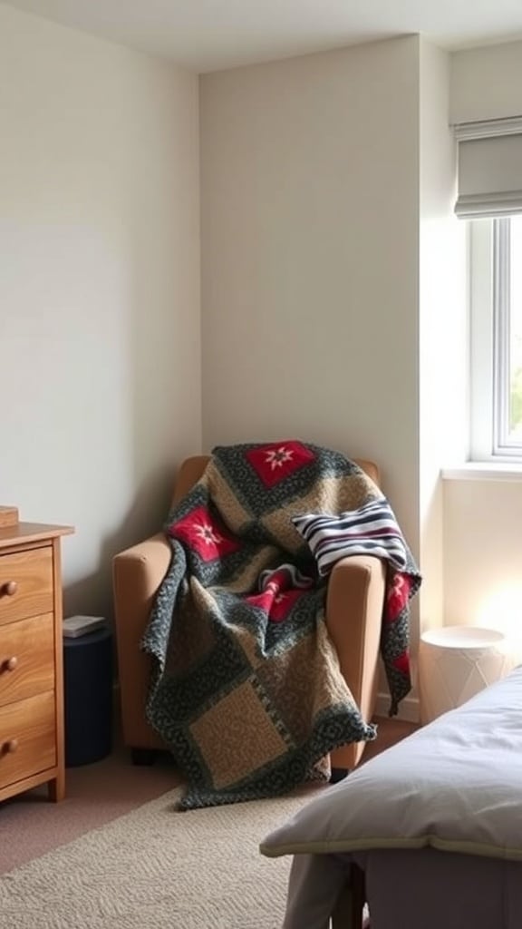 A cozy chair with a quilted throw and striped pillow in a dorm room setting.