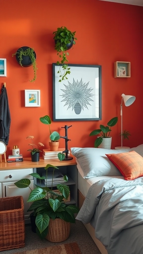 A dorm room featuring a rust orange accent wall, decorated with plants, artwork, and cozy bedding.