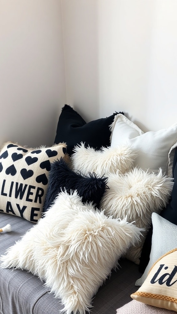 A cozy arrangement of black and white throw pillows on a couch, featuring fluffy textures and playful patterns.