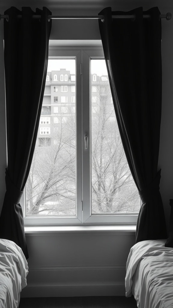 A window with black curtains, showing a view of trees outside, with two beds on either side.