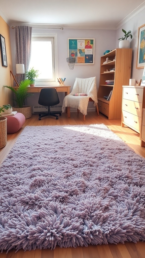 Cozy dorm room with a fluffy lavender rug on wooden floor, desk, chair, and plants.