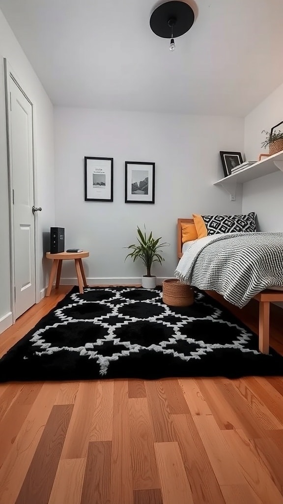 A stylish black and white rug in a dorm room with wooden flooring and minimalistic decor.