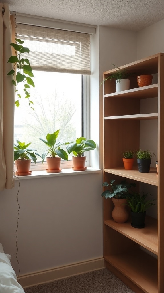 A cozy dorm room corner featuring several potted plants on a windowsill and a shelf, with taupe walls and natural light.