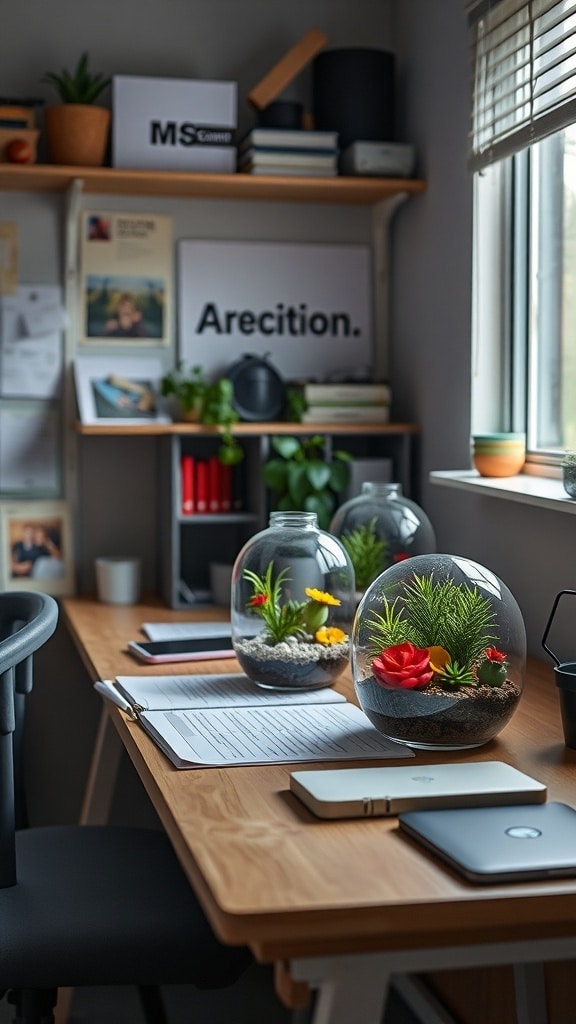 A cozy workspace featuring two terrariums on a wooden desk, surrounded by books and plants.
