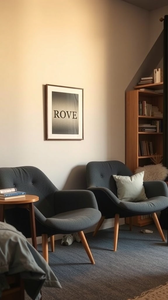 Two modern charcoal gray chairs with light wood legs in a cozy dorm room setting.
