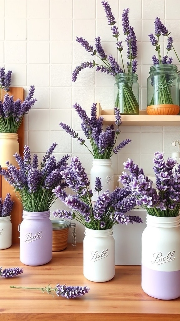 Lavender arrangements in painted jars on a wooden surface