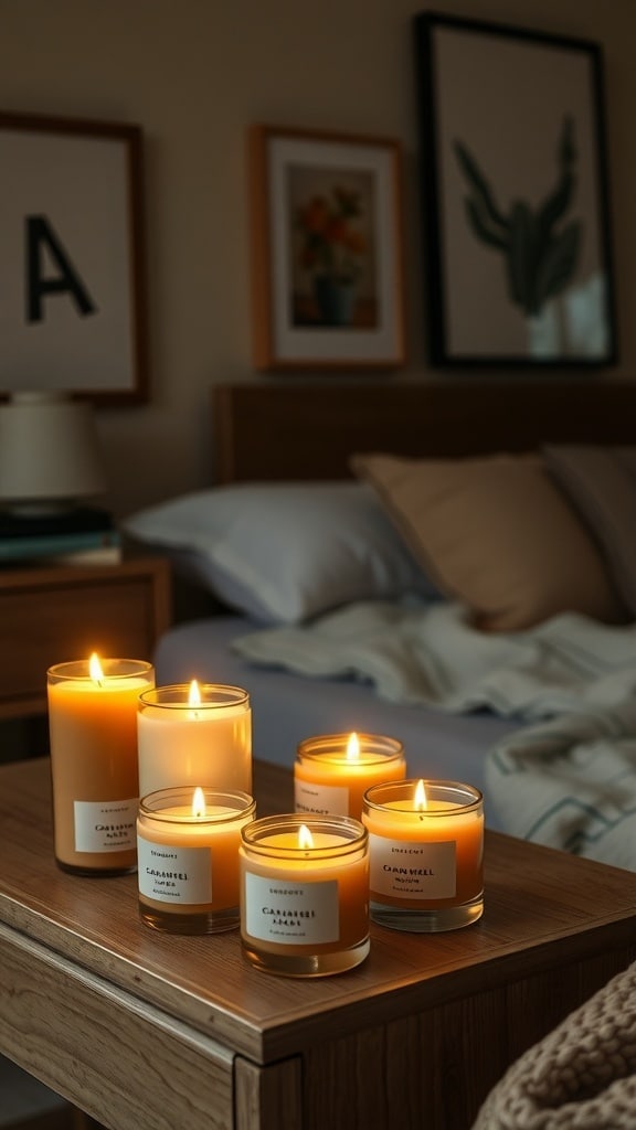 A collection of caramel scented candles on a wooden nightstand in a cozy dorm room setting.