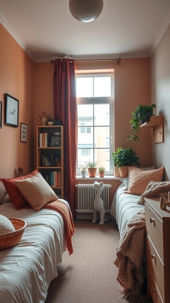 A cozy dorm room featuring warm terracotta walls, red curtains, and green plants, showcasing a warm earthy color palette.
