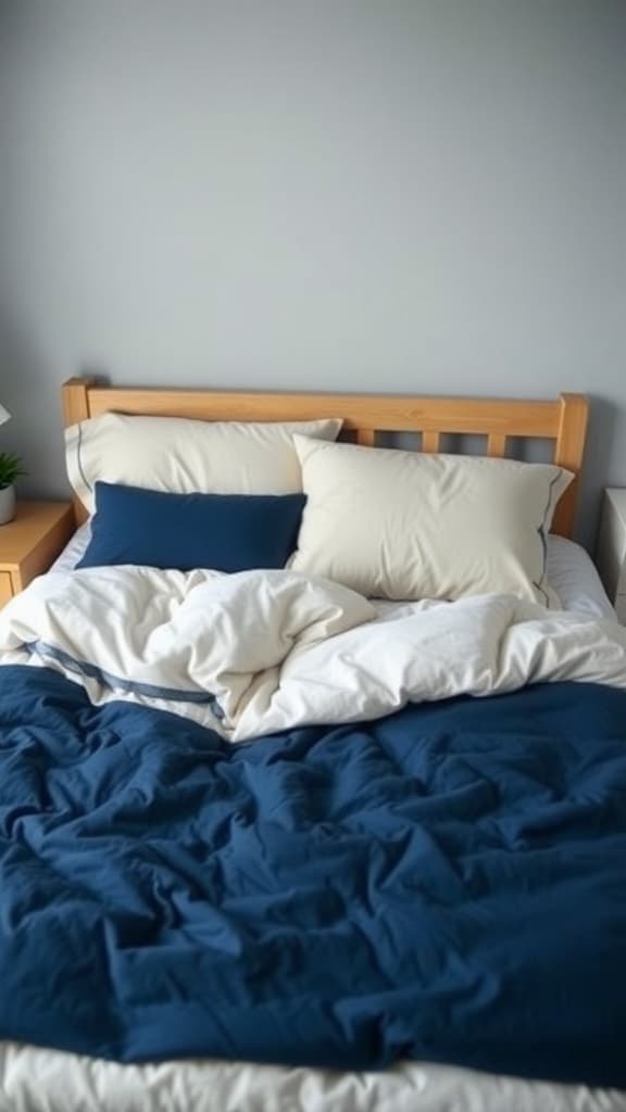 A bed with indigo and white bedding, featuring a wooden frame and decorative pillows.