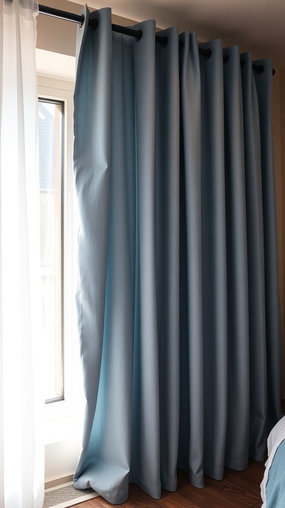 Dusty blue curtains hanging in a bright room