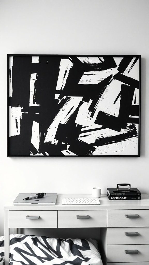 Black and white abstract wall art above a desk in a dorm room