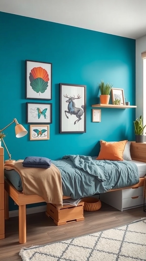 A dorm room with a peacock blue accent wall, featuring framed art, a cozy bed with blue and orange bedding, and a potted plant.