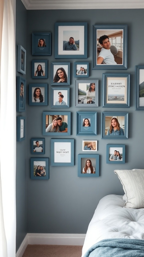 A wall display featuring various framed photos in slate blue frames on a slate blue wall, creating a personalized and cozy atmosphere.