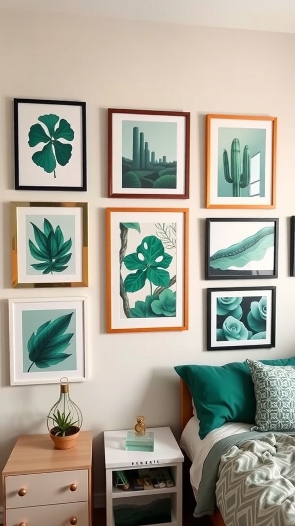 A collection of emerald green wall art featuring leaves and cacti in various frames above a bed with green pillows.