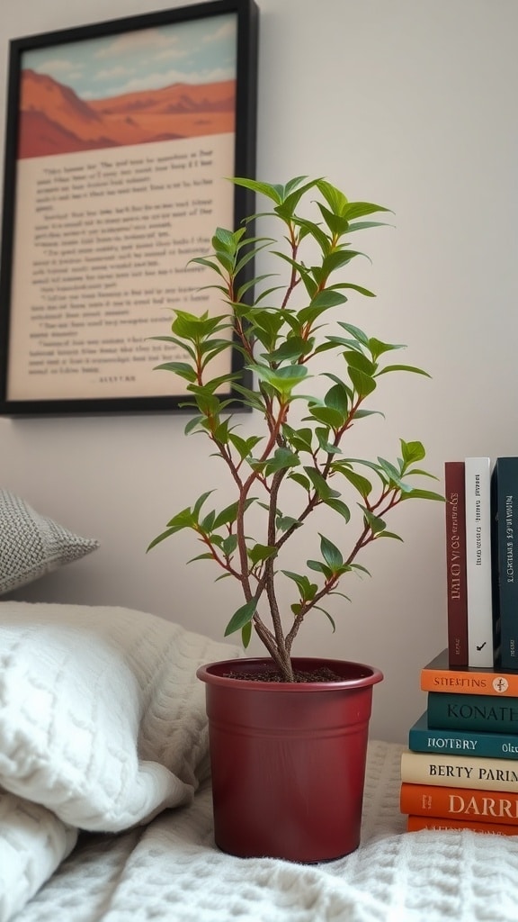 A burgundy potted plant next to cozy bedding and books in a dorm room.