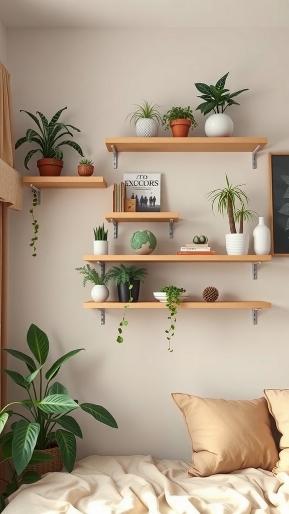 Wall-mounted taupe shelves with plants and books in a cozy dorm room