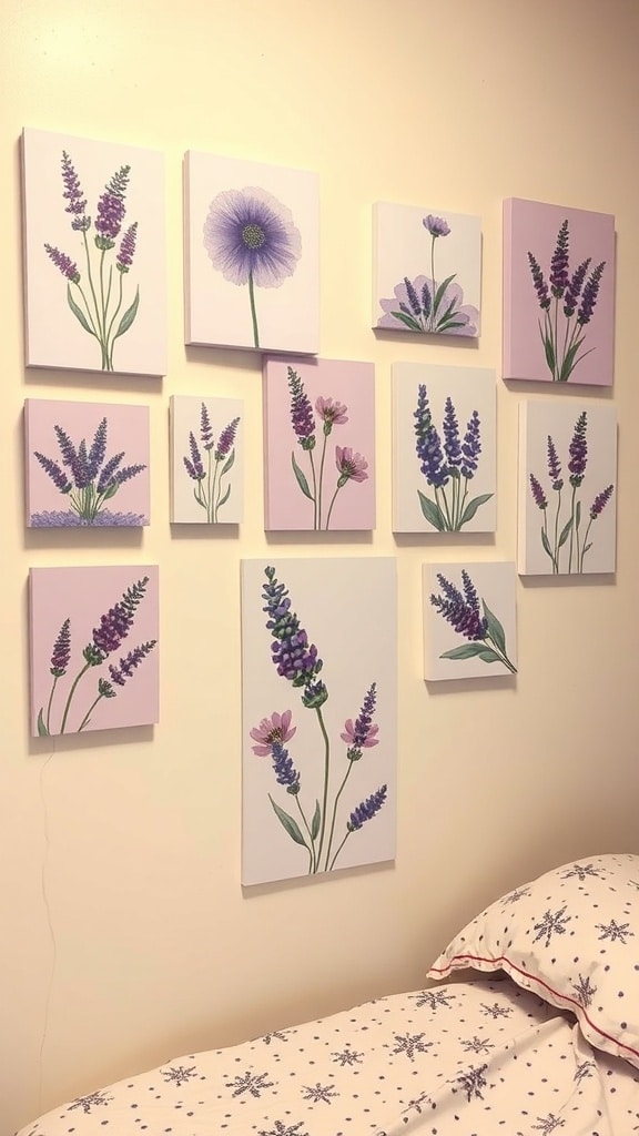 A collection of lavender-themed wall art featuring various illustrations of lavender flowers arranged on a wall.