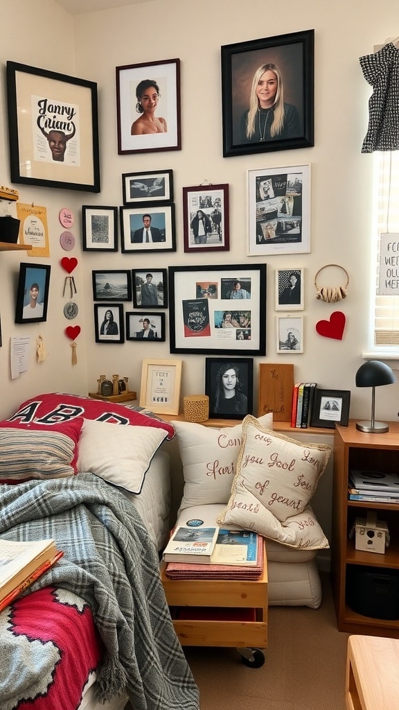A cozy dorm room with a gallery wall of framed photos and art, a neatly made bed with decorative pillows, and a small bookshelf.