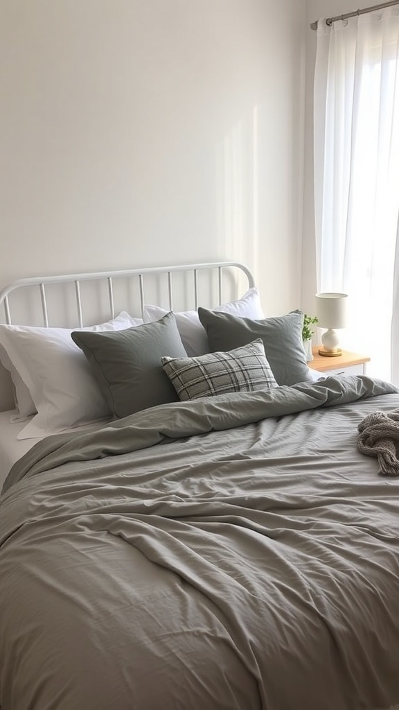 Cozy gray bedding with layered pillows in a bright dorm room