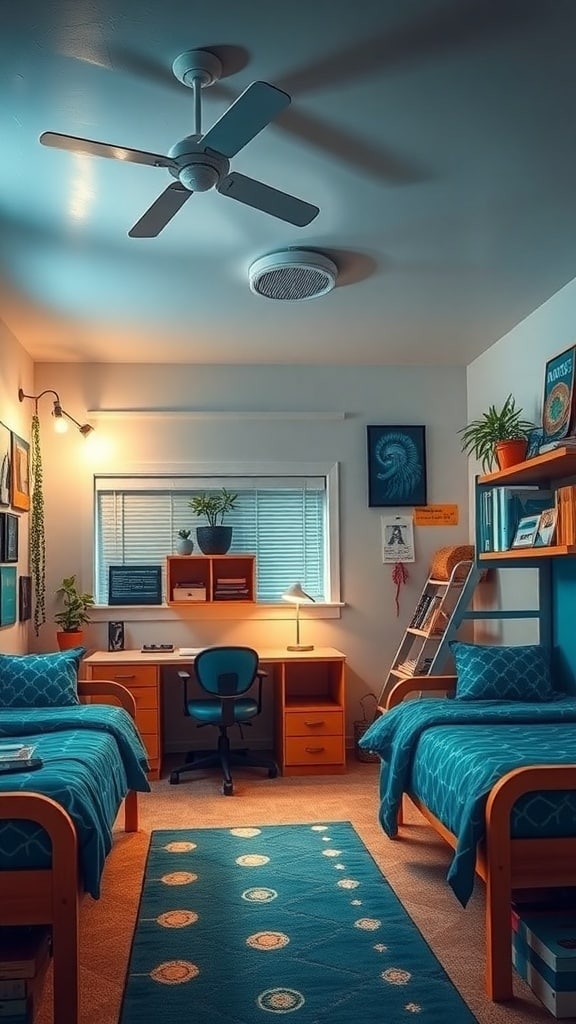 A cozy dorm room featuring peacock blue bedding, a ceiling fan, and a desk lamp, showcasing stylish lighting fixtures.