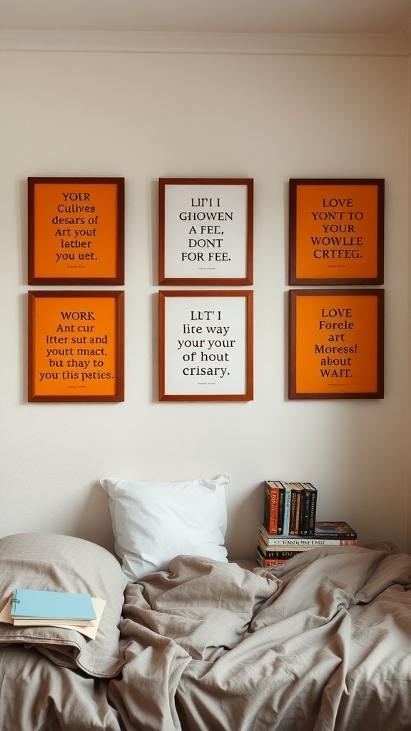 A cozy dorm room corner featuring framed inspirational quotes on a burnt sienna wall.