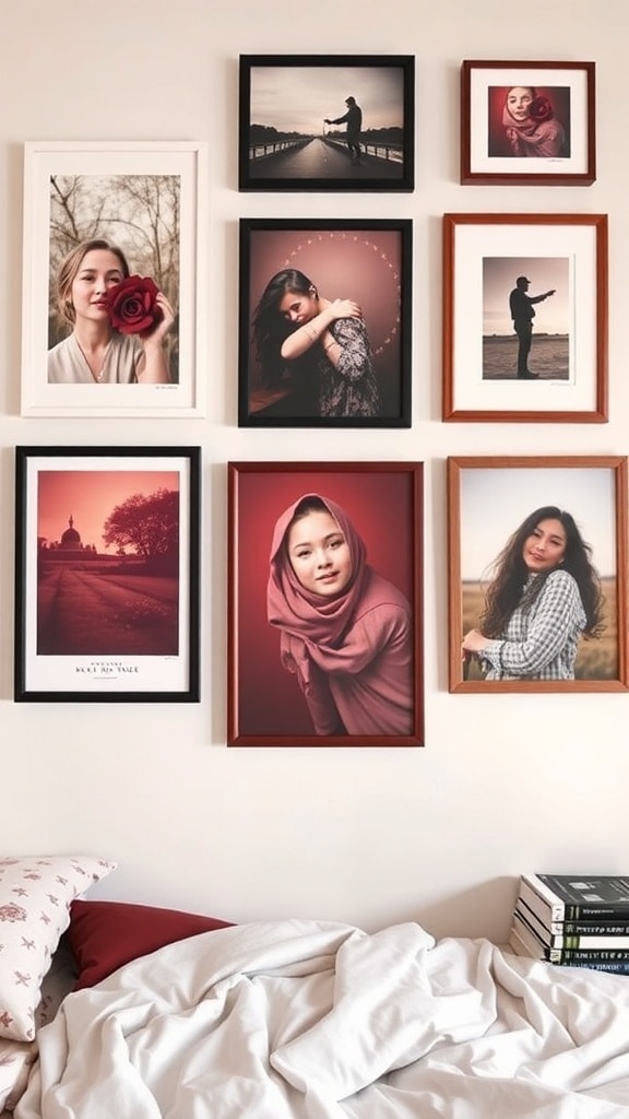 A gallery wall featuring various framed artworks in burgundy tones, including portraits and scenic images.