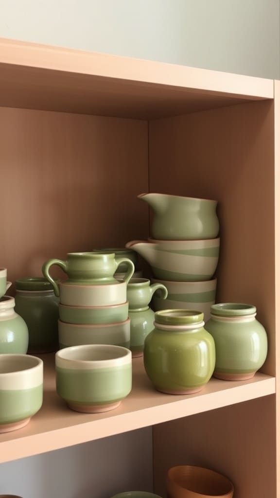 A collection of handmade olive green pottery displayed on a wooden shelf.