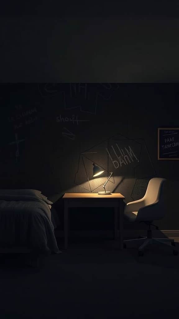 A dark dorm room featuring a textured wall, a bed, a desk with a lamp, and a chair.