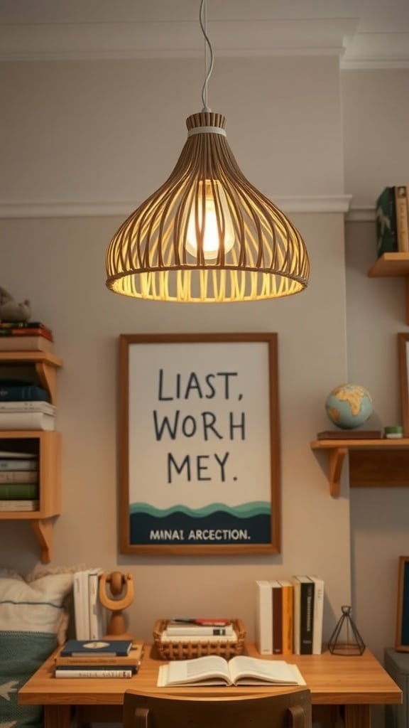 A woven pendant light hanging above a desk in a cozy dorm room, with books and decor around.