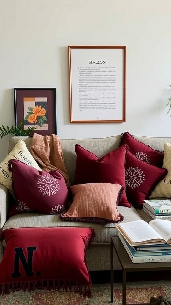 A cozy couch adorned with various burgundy decorative pillows, showcasing different textures and patterns.