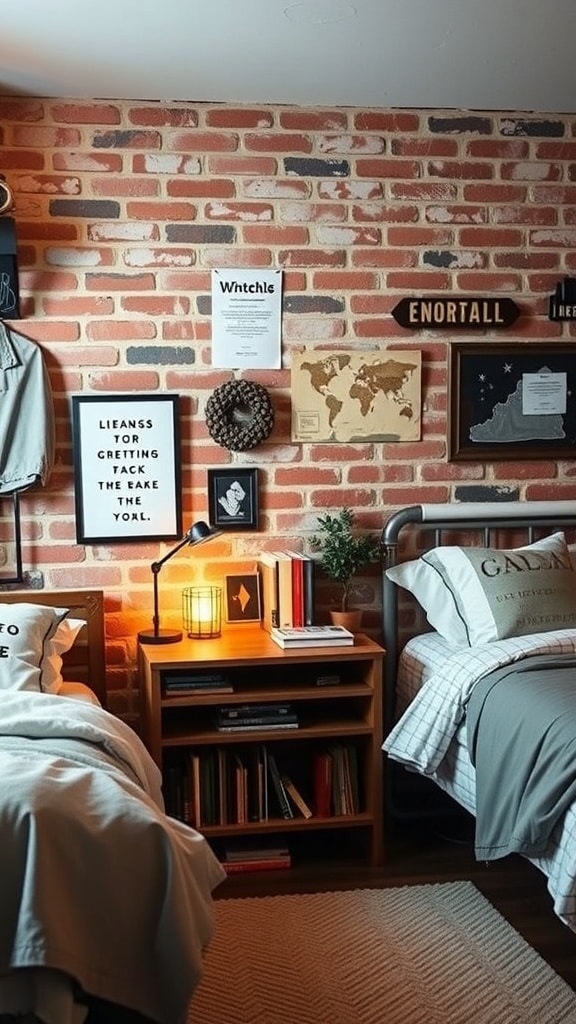 A dorm room with exposed brick walls, two beds, a wooden nightstand, and various decor items.