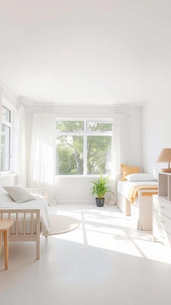 Bright and airy dorm room with large windows, light furniture, and yellow accents.