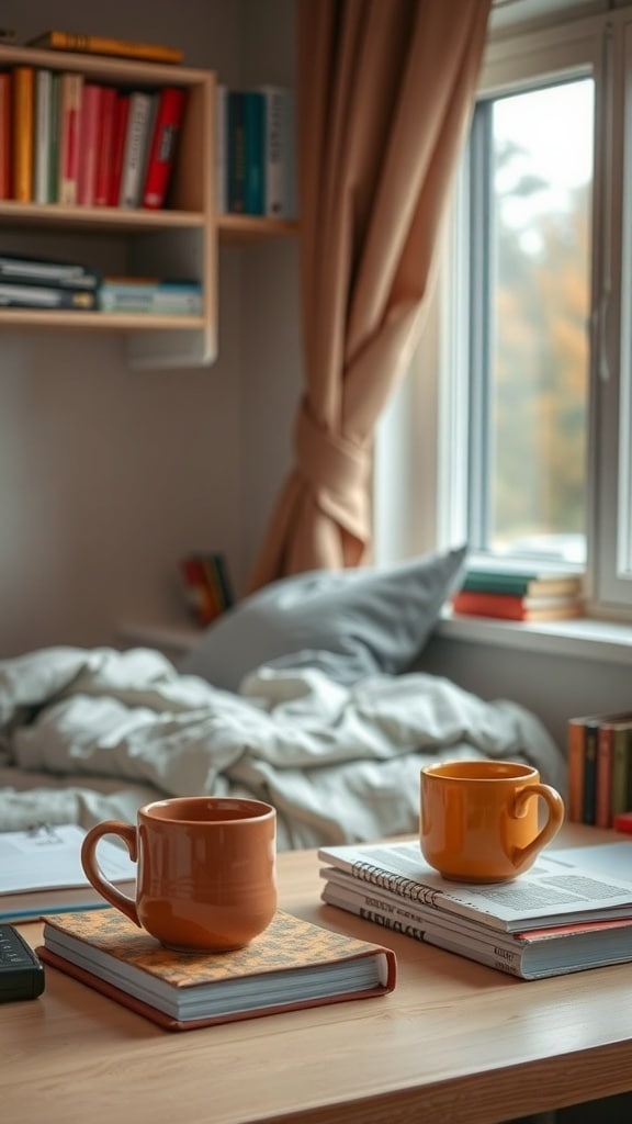 Two artisan terracotta mugs on a wooden table in a cozy dorm room
