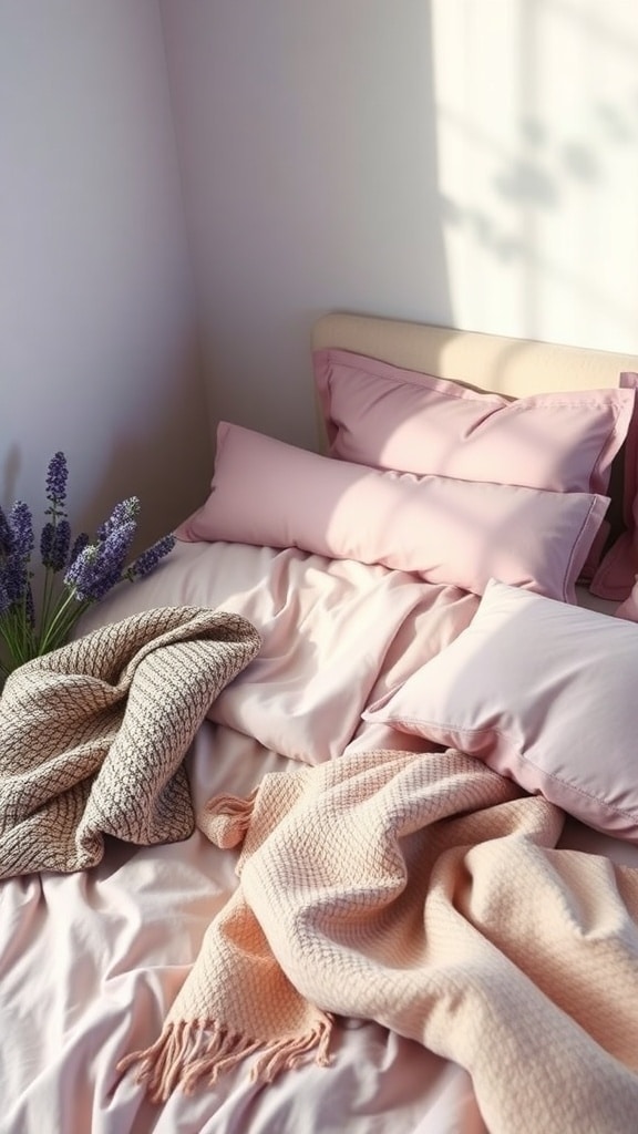 A cozy bed with lavender bedding, soft pillows, and knitted throws, complemented by fresh lavender flowers.