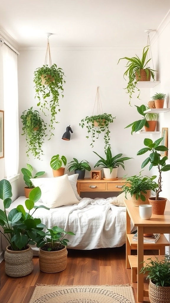 A cozy dorm room decorated with various indoor plants, featuring a bed with white linens and wooden furniture.