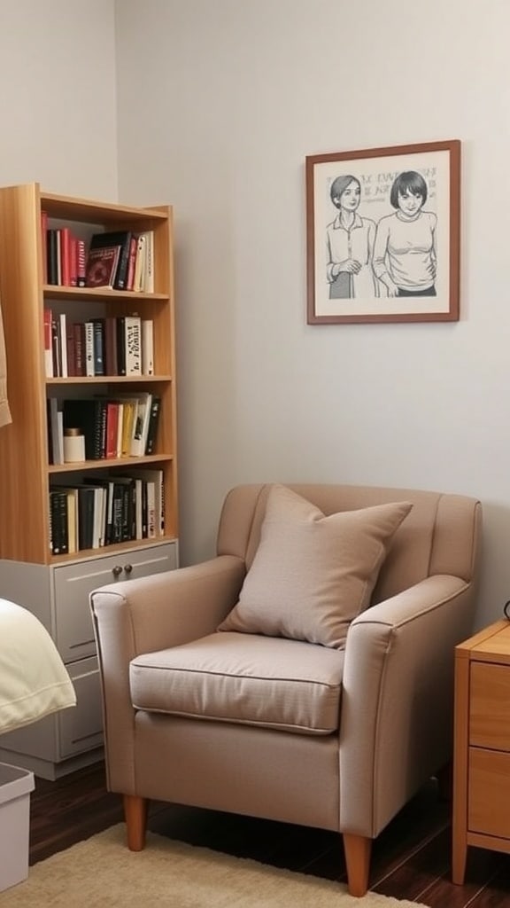 Cozy reading nook with taupe armchair, wooden bookshelf, and framed artwork