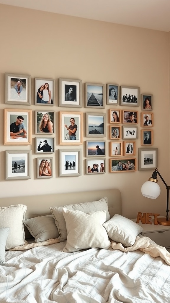 A wall with a personalized photo gallery featuring various framed pictures, adding warmth to a dorm room.