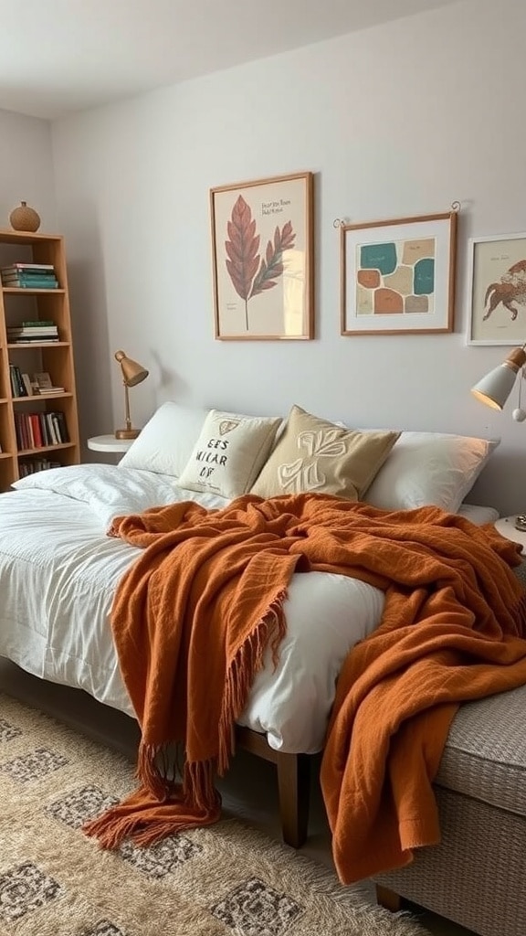 A cozy dorm room with a burnt sienna decorative throw on the bed, complemented by decorative pillows and framed art on the walls.