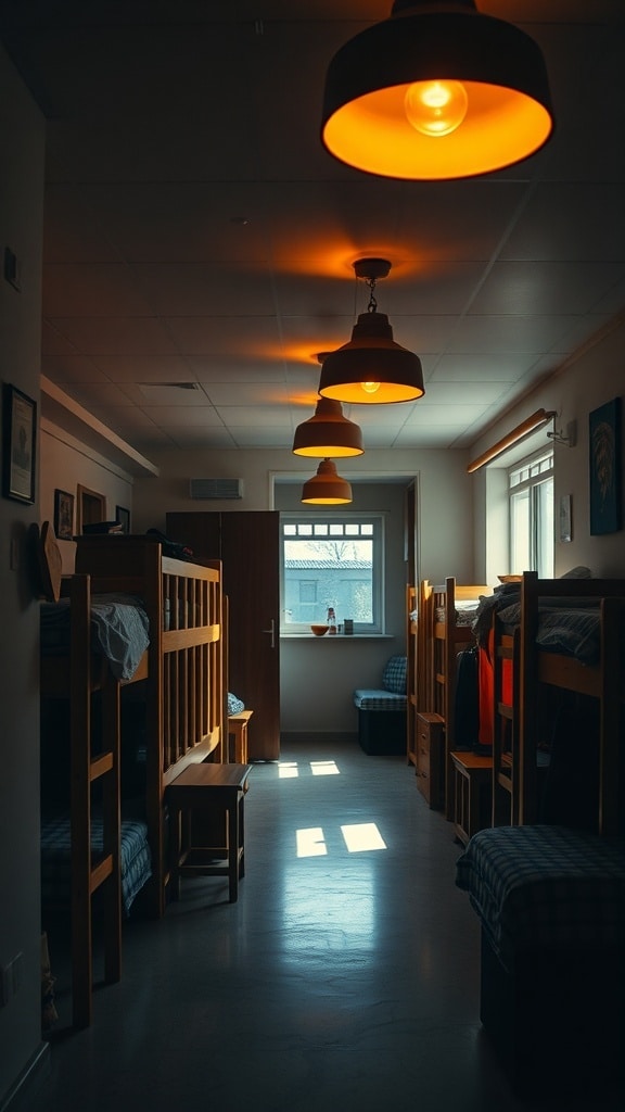 A dorm room with handcrafted terracotta lighting fixtures hanging from the ceiling, casting a warm glow.