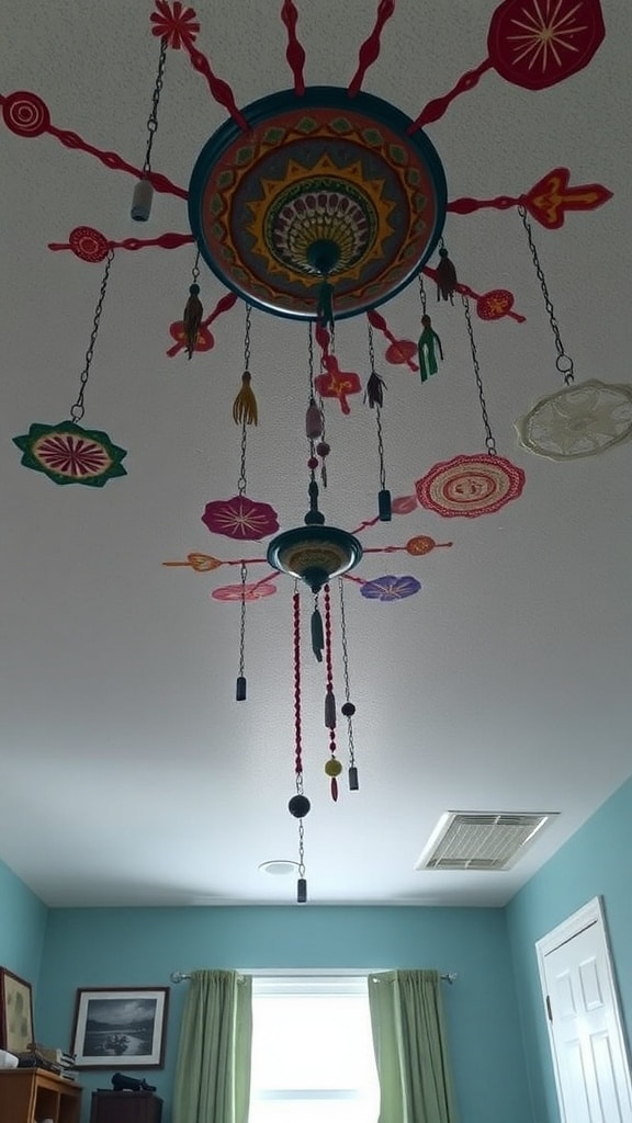 Colorful artistic ceiling decor with hanging elements in a dorm room