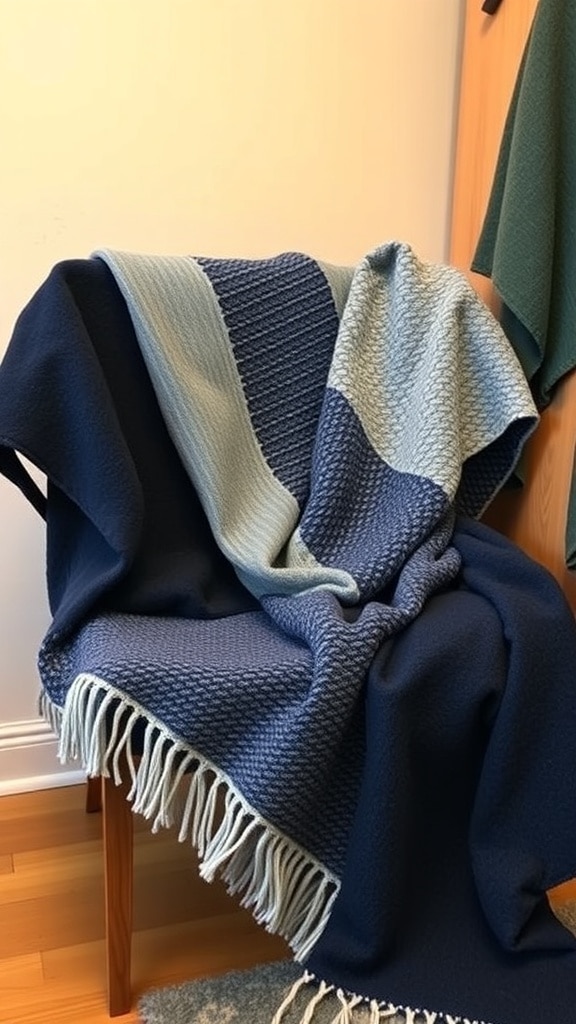 A navy blue and light blue throw blanket draped over a chair, showcasing different textures.