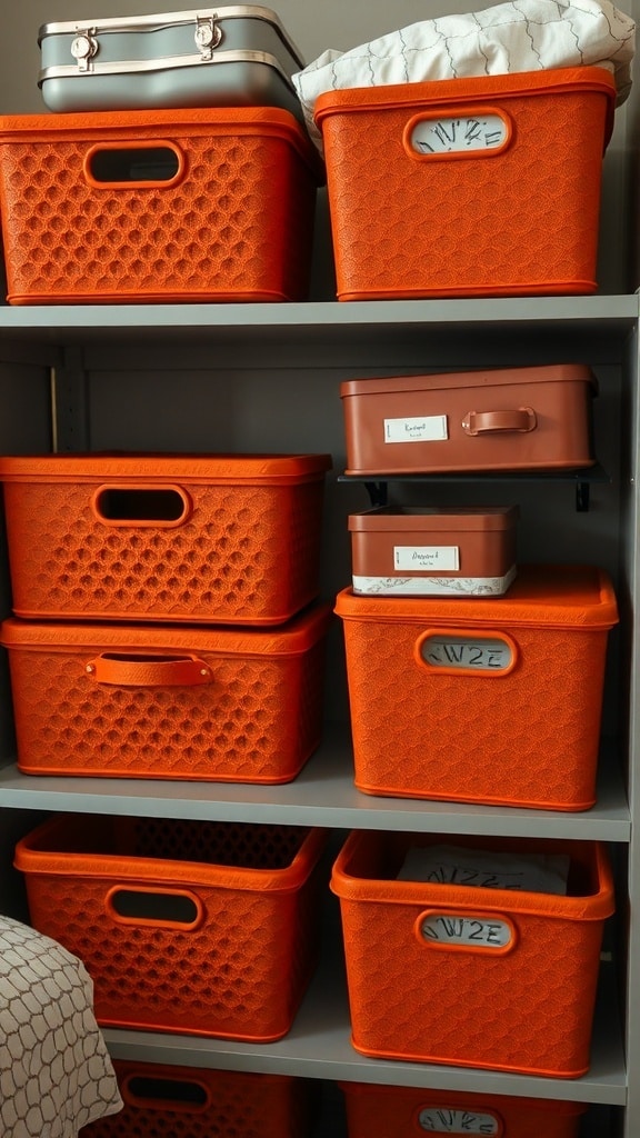 Rust orange decorative storage bins on a shelf, organized with labels.